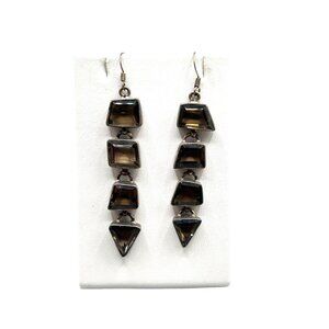 Smokey Topaz Glass Earrings Pierced Dangles Long Geometric Linked Silver 925